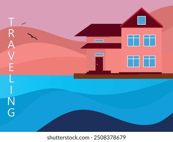 Landscape of a big house by the lake.