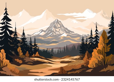 Landscape big mountains, beautiful autumn forest. Autumn forest against the backdrop of snow-capped mountains. Vector illustration.