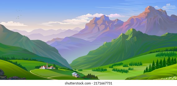 A landscape of big mountains, meadows and a little town.