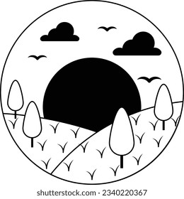 Landscape Big Sun Rising behind mountains peak tree and Birds Concept, Green Forest in Round Scene Vector Icon Design,  natural scenery in circular sign, picturesque symbol, countryside terrain stock 