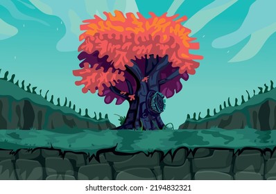 Landscape Big Tree Game background cartoon vector , game design nature asset