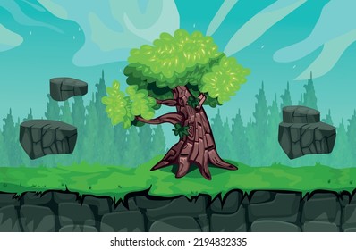 Landscape Big Tree Game caricaturista de fondo vector , diseño de juegos naturaleza activo