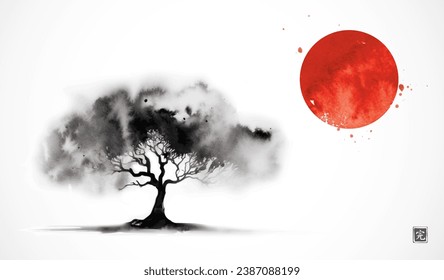 Landscape with big tree with wide crown in a field and big red sun. Traditional oriental ink painting sumi-e, u-sin, go-hua. Translation of hieroglyph - perfection.