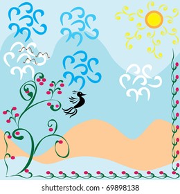 Landscape with a bird flying up from a tree. Illustration