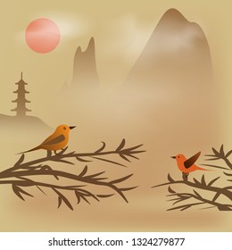 Landscape with birds on branches on the background of rocks in light yellow tones