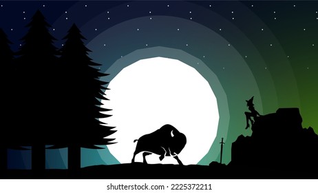 landscape bison Under the Moonlight. bison silhouette and night landscape vector design. bison at night background. bison walpaper in the night.