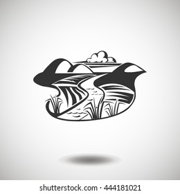 Landscape black icon, silhouette and vector logo. Flat isolated element. Nature sign and symbol