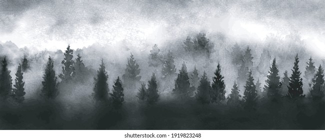 Landschaft mit schwarzen, unangenehmen Waldbäumen und bewölktem Himmel. Traditionelles orientalisches Farbbild sumi-e, u-sin, go-hua.