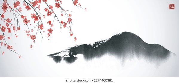 Landscape with black mountain and sakura flowers. Traditional oriental ink painting sumi-e, u-sin, go-hua. Translation of hieroglyph - good luck.