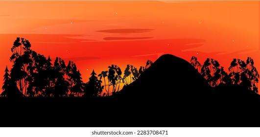 Landscape with black mountains and trees at sunset. Vector background.