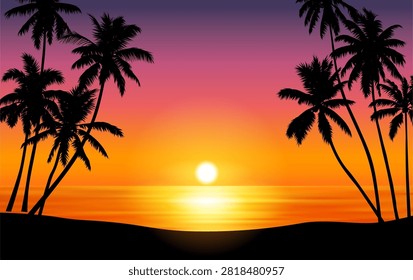 Landscape with black silhouettes of palms on a beach with sunset sky