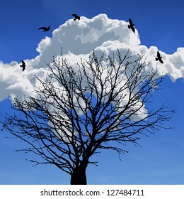 Landscape with black tree, blue sky and cloud