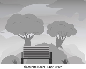 landscape with black and white bench, background with trees, shrubs and clouds.