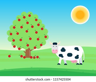 Landscape with black white spotted cow stand and chew with grass in its mouth near fruit tree with apples flat style vector illustration. Blue sky and sunlight. Symbol of the milk producing.