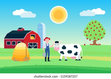 Landscape with black white spotted cow stand with grass mouth near farmer and haystack in front of red barn flat style vector illustration. Blue sky and sunlight. Poster or wallpaper for milk products
