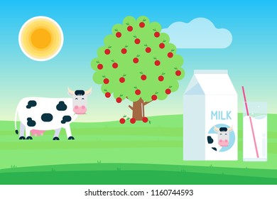 Landscape with black white spotted cow stand and chew with grass in its mouth near fruit tree, pack of milk and glass of milk flat style vector illustration. Blue sky and sunlight. Advertising concept