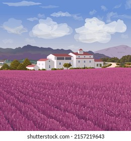 Landscape with blooming lavender field. Vector illustration.