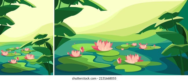 Landscape with blooming lotus flowers. Natural scenery in different formats.