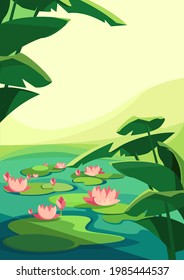 Landscape with blooming lotuses. Natural scenery in vertical orientation.