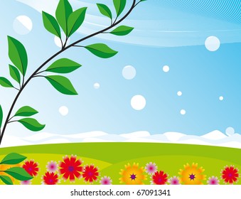 Landscape with a blooming meadow. Vector illustration