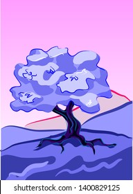 Landscape blooming tree pink sky