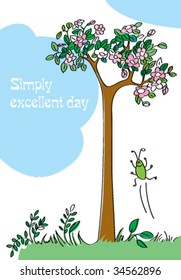 Landscape with a blossoming tree and a joyful small insect