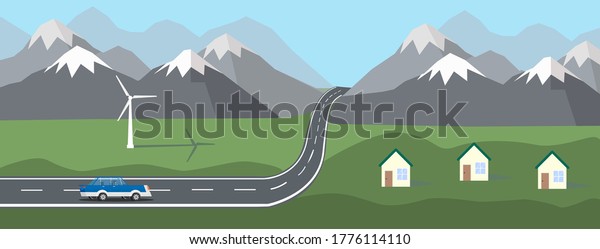 Landscape with a blue car; The car rides along the\
road in the hills, against the backdrop of mountain, houses and\
windmill. Mountain landscape.\
vector