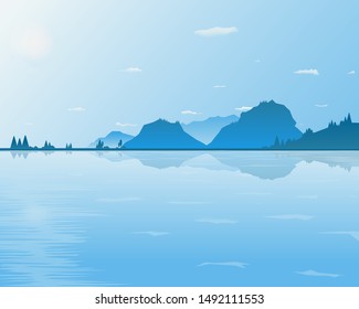 Landscape in blue colors, with the mountain reflection in water