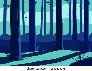 Landscape with blue forest. Tall trees and light through trees in forest. Sunset in forest, morning time. Vector illustration