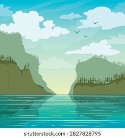 Landscape with blue lake, cloudy sky and mountains. Vector illustration with wild nature. 