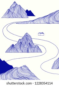 Landscape Blue Line Art Ink Drawing, Small House Besides The River With Mountains