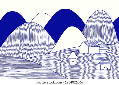Landscape blue line art ink drawing, village on the hill with mountains behind