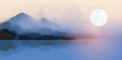 Landschaft Mit Blauen, Scheußlichen Bergen, Die Im Wasser Auf Sonnenaufgang Reflektieren. Traditionelles Orientalisches Farbbild Sumi-e, U-sin, Go-hua