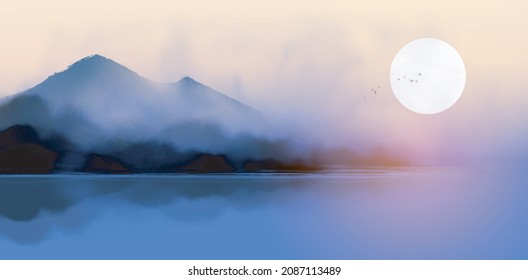 Landschaft mit blauen, scheußlichen Bergen, die im Wasser auf Sonnenaufgang reflektieren. Traditionelles orientalisches Farbbild sumi-e, u-sin, go-hua