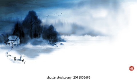 Landscape with blue misty riverside and fisherman on the wooden pierce. Traditional oriental ink painting sumi-e, u-sin, go-hua. Translation of hieroglyph - silence