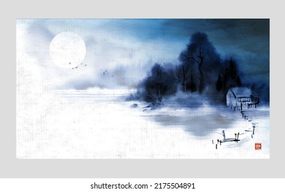 Landscape with blue misty riverside and fisherman on the wooden pierce. Traditional oriental ink painting sumi-e, u-sin, go-hua on rice paper background. Translation of hieroglyph - silence.
