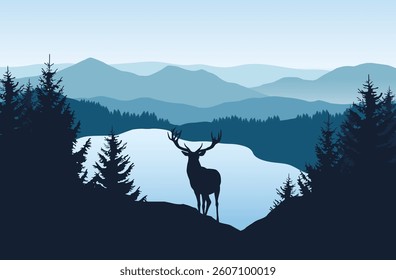 Landscape with blue mountains, forest, lake and silhouettes of trees and wild deer - vector illustration