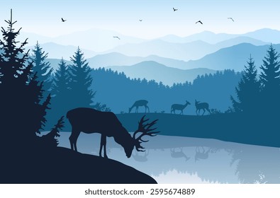 Landscape with blue mountains, forest, river and silhouettes of trees and wild deer - vector illustration
