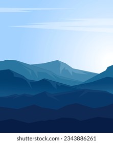 Paisaje con montañas azules y alto cielo claro. Volante dibujado a mano. Ilustración vectorial.