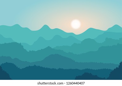 Landscape with blue mountains. Sunrise over the hills