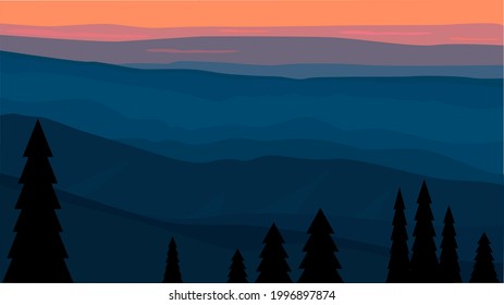 Landscape with blue mountains and sunset sky and silhouettes of pine trees, an illustration in flat style