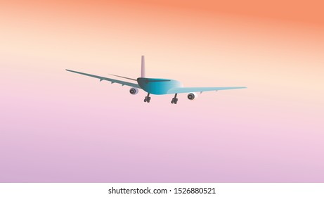 Landscape with Blue Passenger Airplane is Flying in the Orange Sky at Colorful Sunset. Aircraft Flying into Sunset. Blue Airbus Flat Illustration.