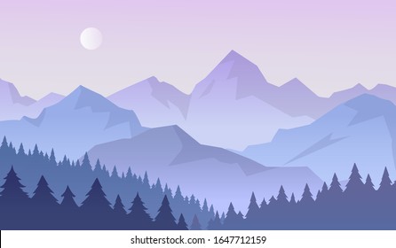 Landscape with blue and purple foggy, misty mountains, hills, forest and moon. Evening or morning time. Panoramic mountain view. Vector illustration