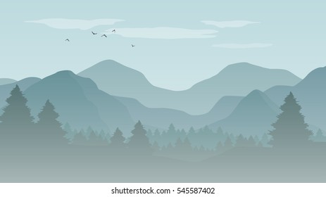 Landscape with blue silhouettes of misty mountains and forest - vector illustration