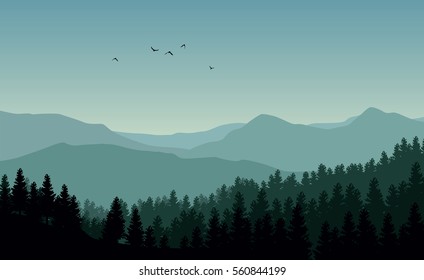 Landscape with blue silhouettes of mountains and dark forest with blue sky and flying birds in the background - vector illustration