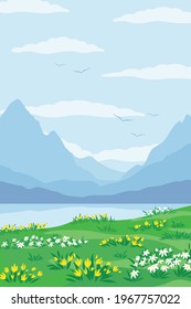 Landscape with blue silhouettes of mountains, hill with flowering plants, sky with clouds and lake. Local tourism concept, travel and adventure, wild nature, hiking tour, vacation. Vector illustration