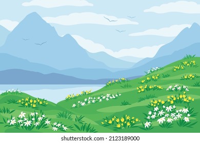 Landscape with blue silhouettes of mountains, hill with flowering plants, sky with clouds and lake. Local tourism concept, travel and adventure, wild nature, hiking tour. Flat vector illustration