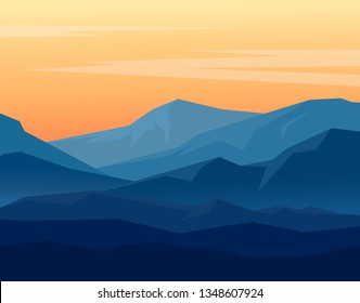 Landscape with blue silhouettes of mountains on orange evening sky. Huge geometric mountain range in twilight. Vector illustration.