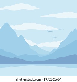 Landscape with blue silhouettes of mountains, sky with clouds and lake. Local tourism concept, travel and adventure, wild nature, hiking tour, vacation. Flat vector illustration