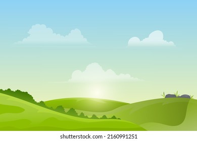 landscape blue sky Green meadows mountains in the background